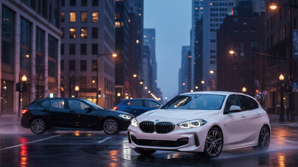 Editorial, photo-realistic HERO for an automotive daily news article titled "BMW 1 Series Performs with Everyday Competence – Daily Car News (2025-09-