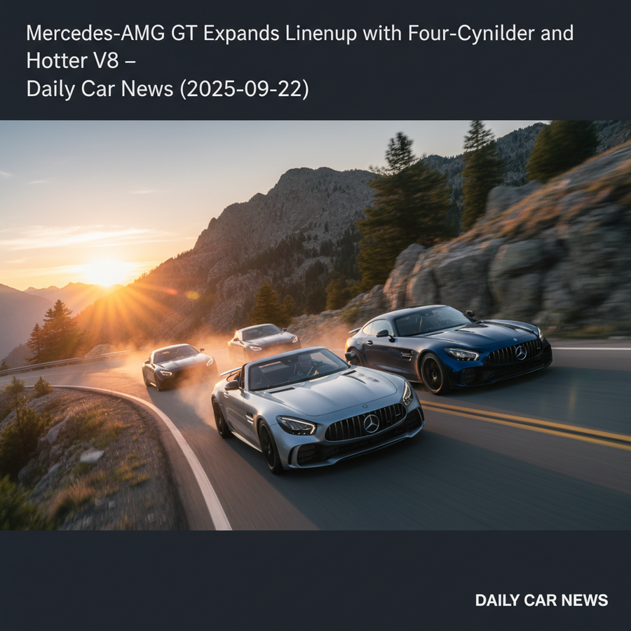 Editorial, photo-realistic HERO for an automotive daily news article titled "Mercedes-AMG GT Expands Lineup with Four-Cylinder and Hotter V8 – Daily C