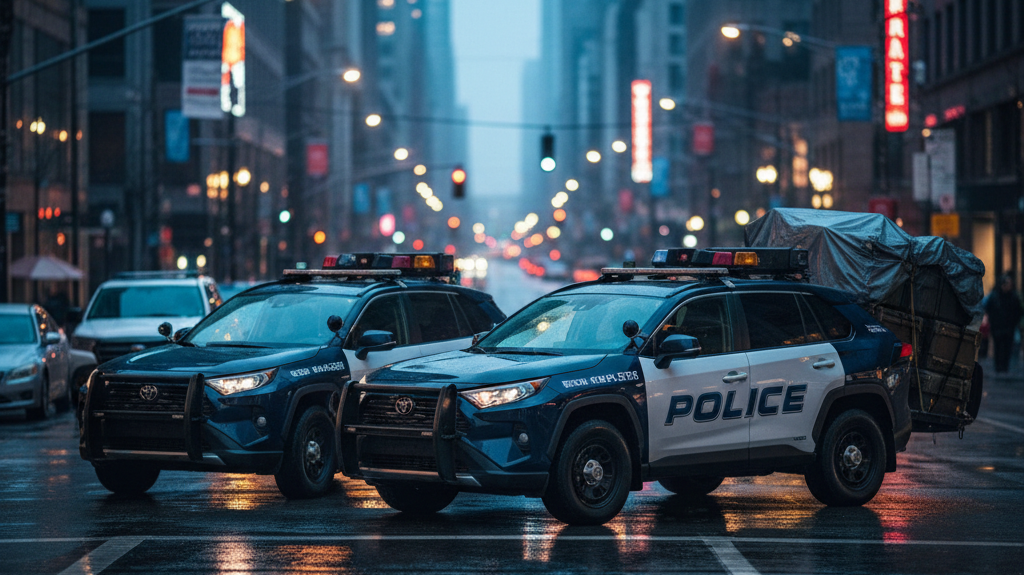 Editorial, photo-realistic HERO for an automotive daily news article titled "Toyota RAV4 Police Cars Under Payload Scrutiny – Daily Car News (2025-10-