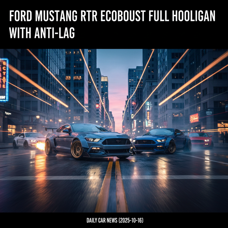 Editorial, photo-realistic HERO for an automotive daily news article titled "Ford Mustang RTR EcoBoost Goes Full Hooligan with Anti-Lag – Daily Car Ne