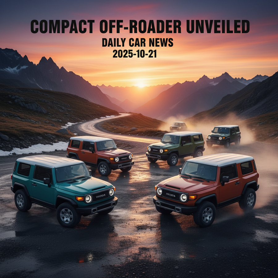 Editorial, photo-realistic HERO for an automotive daily news article titled "Toyota LandCruiser FJ Unveiled as Compact Off-Roader – Daily Car News (20