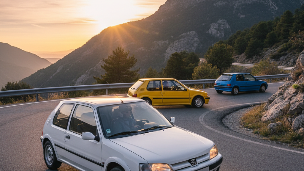 Editorial, photo-realistic HERO for an automotive daily news article titled "Peugeot 106 Rallye Values Surge as Classic Hot Hatch Gains Recognition –