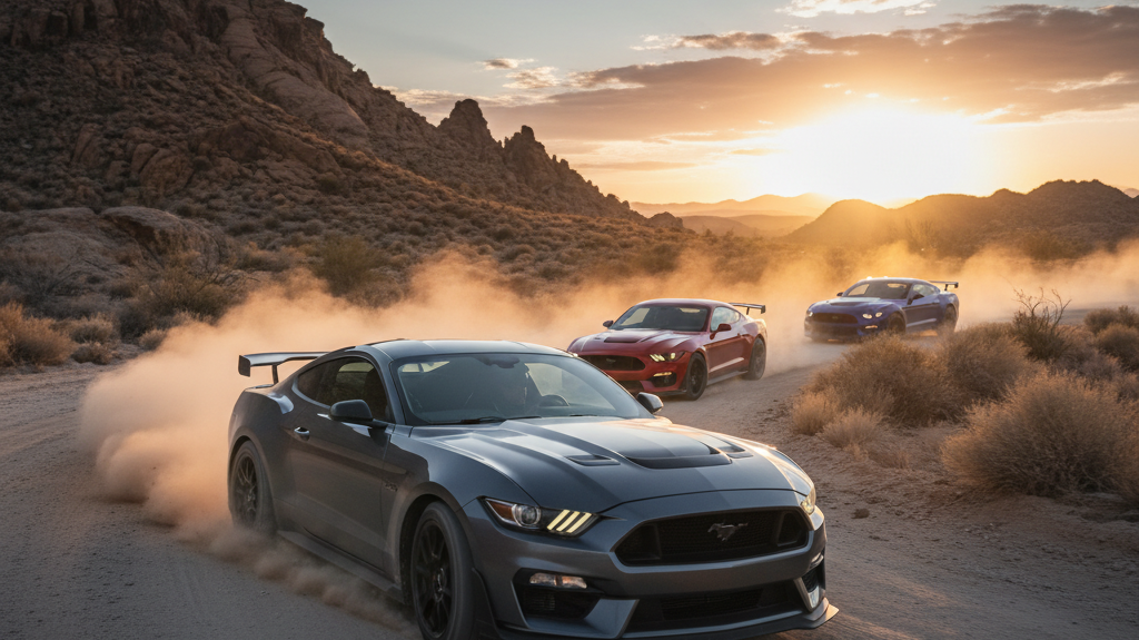 Editorial, photo-realistic HERO for an automotive daily news article titled "Ford Mustang GTD Goes Desert-Fast with 815 bhp – Daily Car News (2026-01-