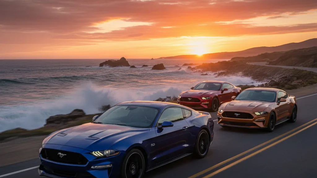 Editorial photo-realistic HERO image for automotive news (2026-01-18). Feature Ford vehicles specifically 2026 Mustang EcoBoost Fastback. Scene: The n