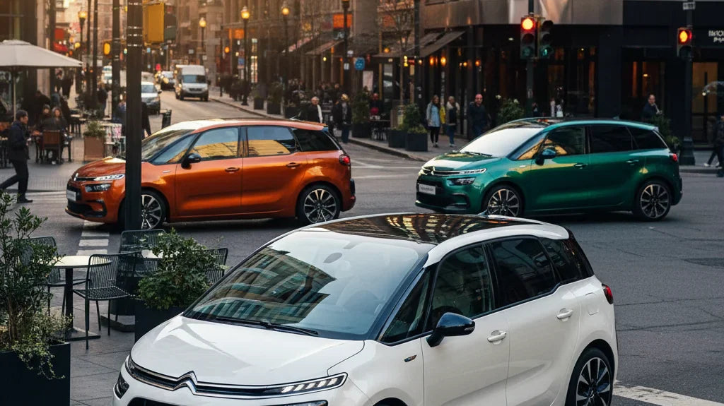 Editorial photo-realistic HERO image for automotive news (2026-01-26). Feature Citroen vehicles specifically Picasso. Scene: A vibrant city street fea