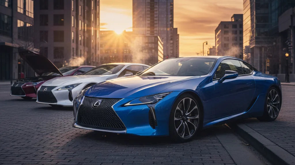 Editorial photo-realistic HERO image for automotive news (2026-02-03). Feature Lexus vehicles specifically LC. Scene: A sleek Lexus LC parked in an ur