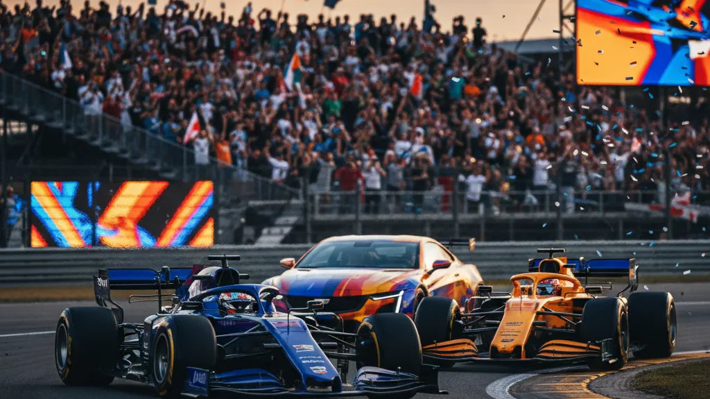 Editorial photo-realistic HERO image for automotive news (2026-02-09). Feature Cadillac vehicles specifically F1 Race Car. Scene: A dynamic race track