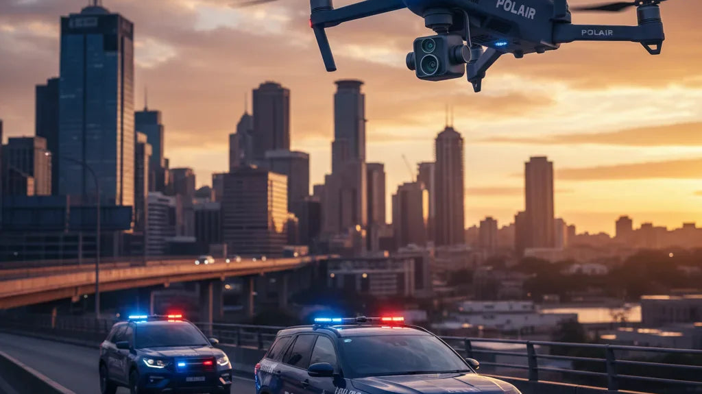 Editorial photo-realistic HERO image for automotive news (2026-02-22). Feature NSW Police vehicles specifically Polair Remote Drone. Scene: A sleek po