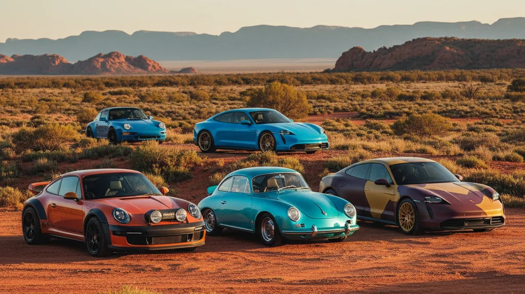 Editorial photo-realistic HERO image for automotive news (2026-03-07). Feature Porsche vehicles specifically Custom Porsche Builds. Scene: A breathtak