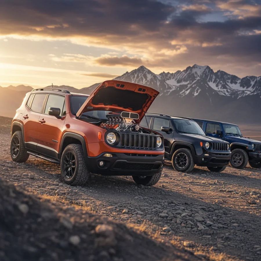 Editorial photo-realistic HERO image for automotive news (2026-03-08). Feature Jeep vehicles specifically Renegade. Scene: A modified Jeep Renegade sh