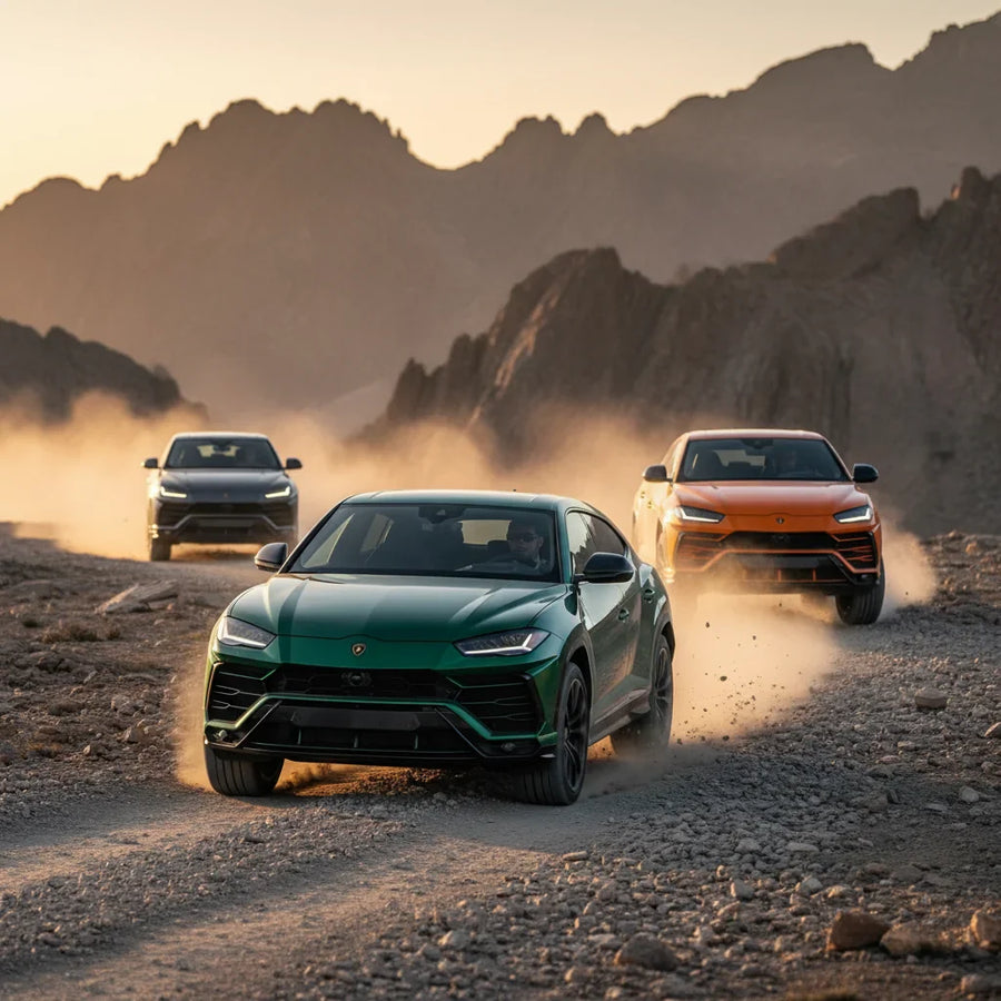 Editorial photo-realistic HERO image for automotive news (2026-03-10). Feature Lamborghini vehicles specifically Lamborghini Urus. Scene: A rugged mou