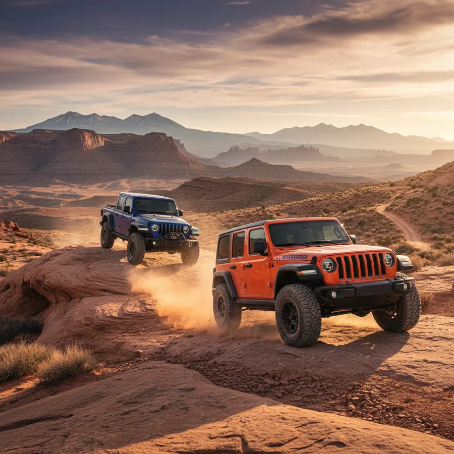 Editorial photo-realistic HERO image for automotive news (2026-04-07). Feature Jeep vehicles specifically Wrangler, Gladiator. Scene: A vibrant off-ro