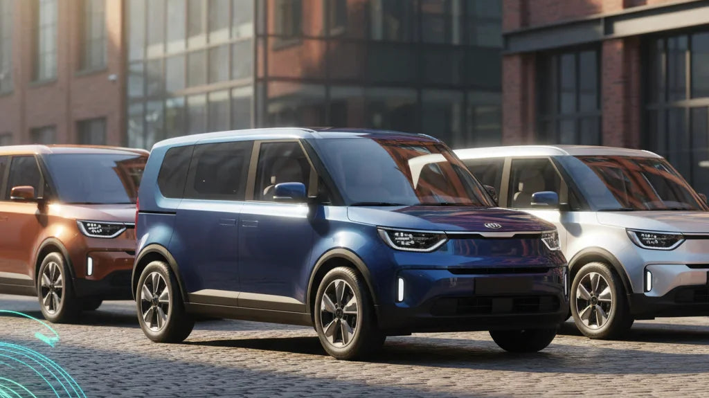 Editorial photo-realistic HERO image for automotive news (2026-04-08). Feature Kia vehicles specifically 2026 Kia PV5 Cargo. Scene: The 2026 Kia PV5 C