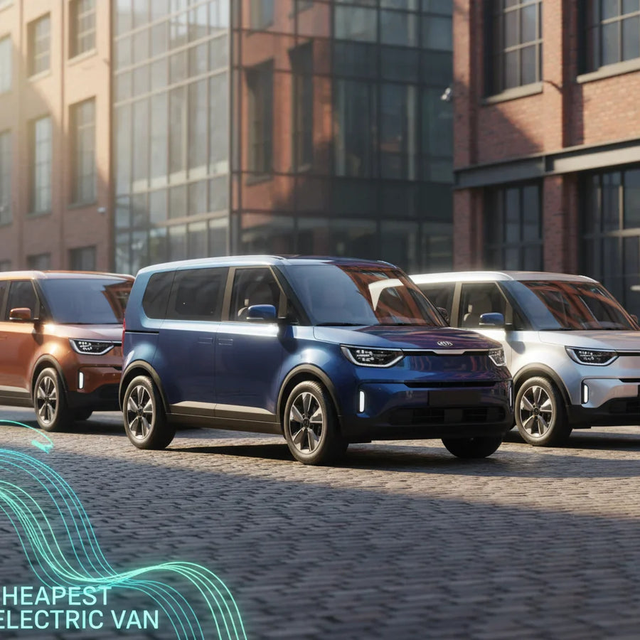 Editorial photo-realistic HERO image for automotive news (2026-04-08). Feature Kia vehicles specifically 2026 Kia PV5 Cargo. Scene: The 2026 Kia PV5 C