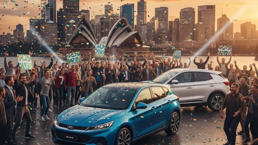 Editorial photo-realistic HERO image for automotive news (2026-04-16). Feature BYD vehicles specifically BYD Dolphin, BYD Atto 3. Scene: A vibrant Aus