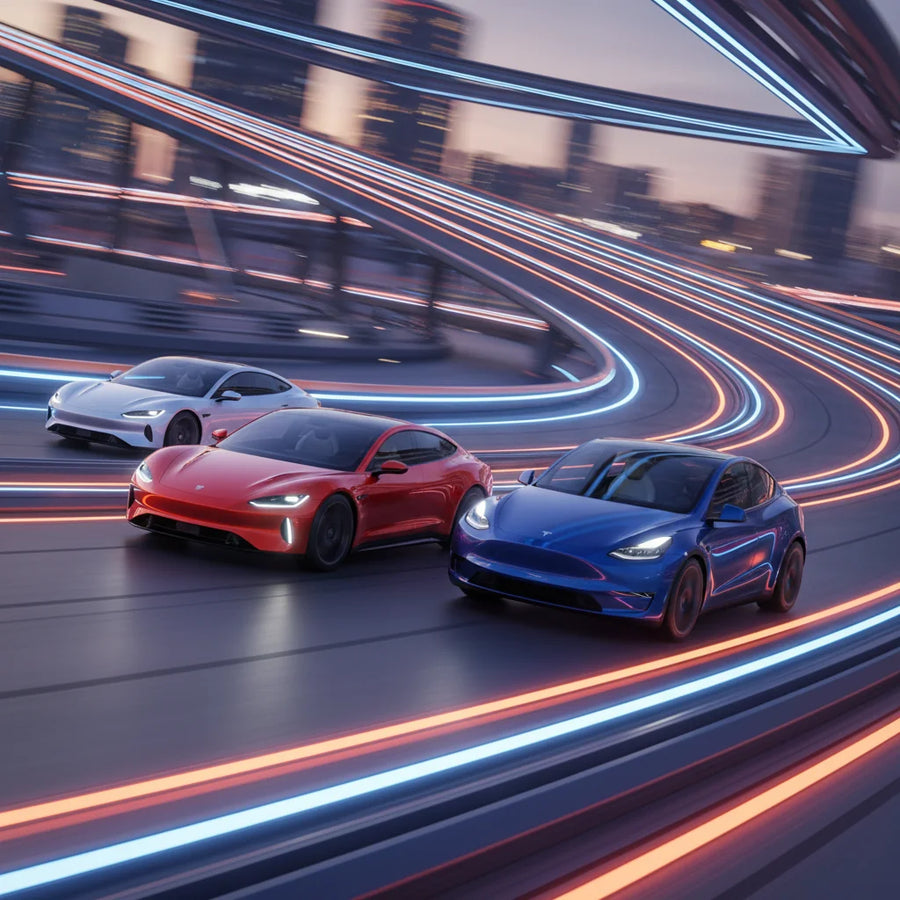 Editorial photo-realistic HERO image for automotive news (2026-04-24). Feature Xiaomi and Tesla vehicles specifically YU7 GT EV, Model Y. Scene: A fut