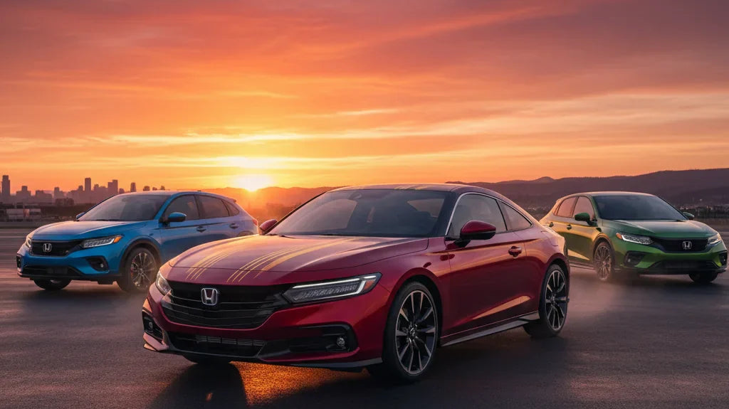 Editorial photo-realistic HERO image for automotive news (2026-05-15). Feature Honda vehicles specifically 2026 Honda Prelude. Scene: The new Honda Pr