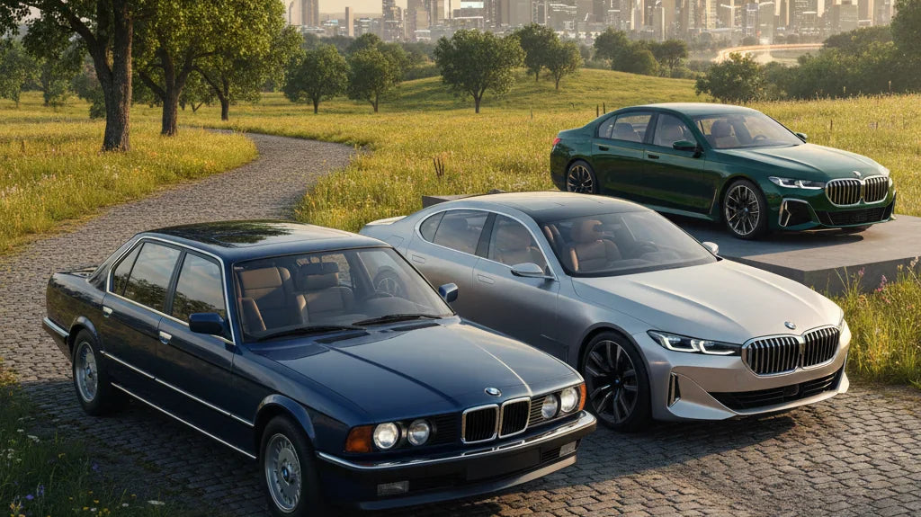 Editorial photo-realistic HERO image for automotive news (2026-05-31). Feature BMW vehicles specifically 7 Series. Scene: A classic BMW 7 Series parke
