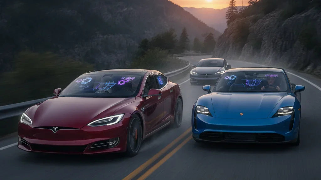 Editorial photo-realistic HERO image for automotive news (2026-06-07). Feature Tesla and Porsche vehicles specifically Model S, Taycan. Scene: An exci
