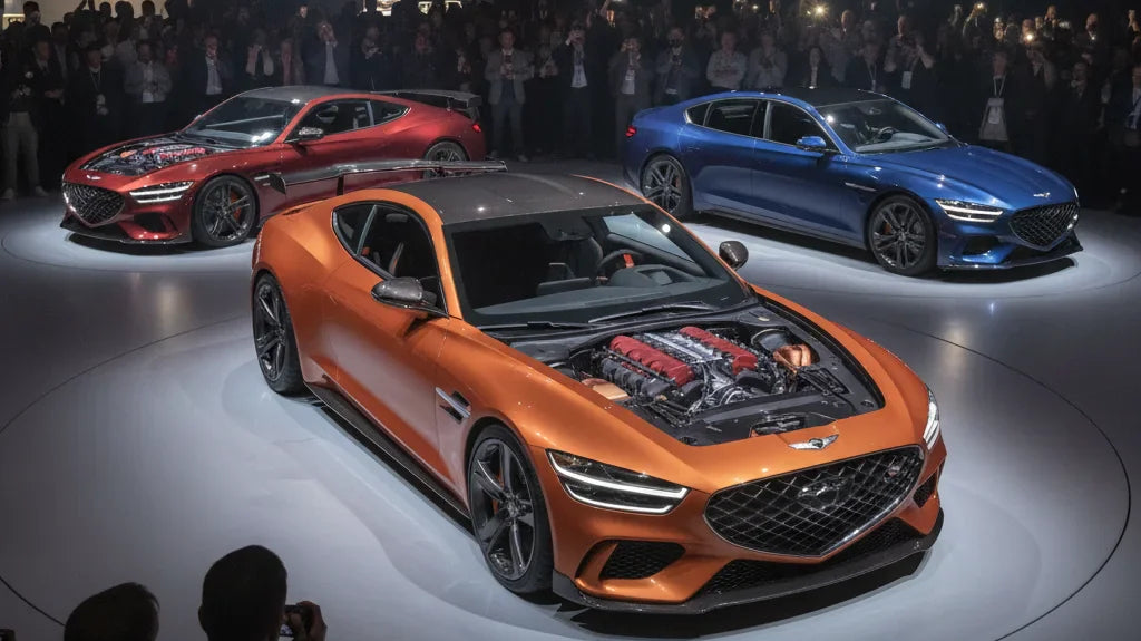 Editorial photo-realistic HERO image for automotive news (2026-06-16). Feature Brand1 and Genesis vehicles specifically Magma GT. Scene: The Genesis M