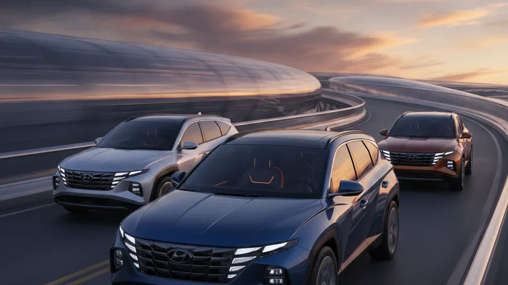 Editorial photo-realistic HERO image for automotive news (2026-07-07). Feature Hyundai vehicles specifically 2027 Hyundai Tucson. Scene: A sleek, mode