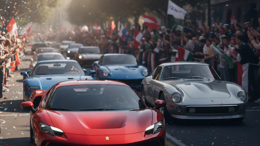 Editorial photo-realistic HERO image for automotive news (2026-07-12). Feature Ferrari vehicles specifically 296 Speciale. Scene: A vibrant Le Mans pa