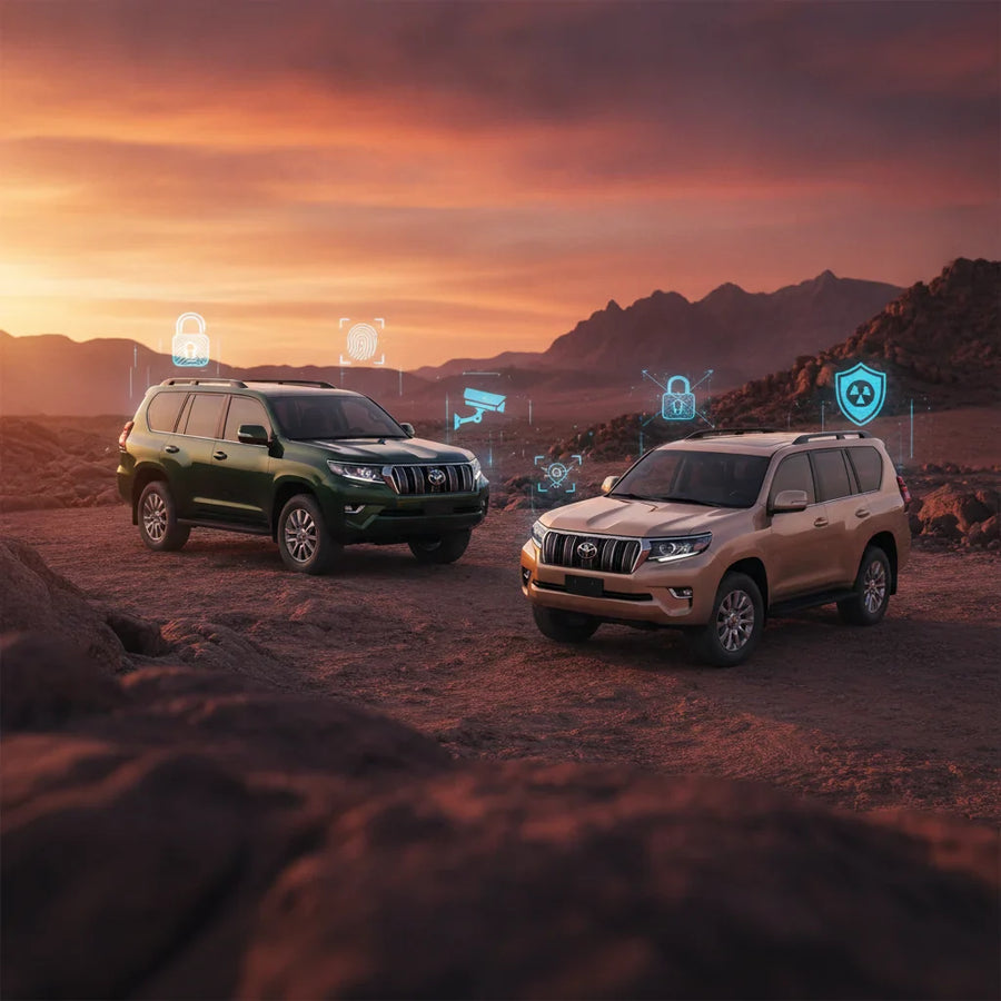 Editorial photo-realistic HERO image for automotive news (2026-07-13). Feature Toyota vehicles specifically LandCruiser, Prado. Scene: The Toyota Land