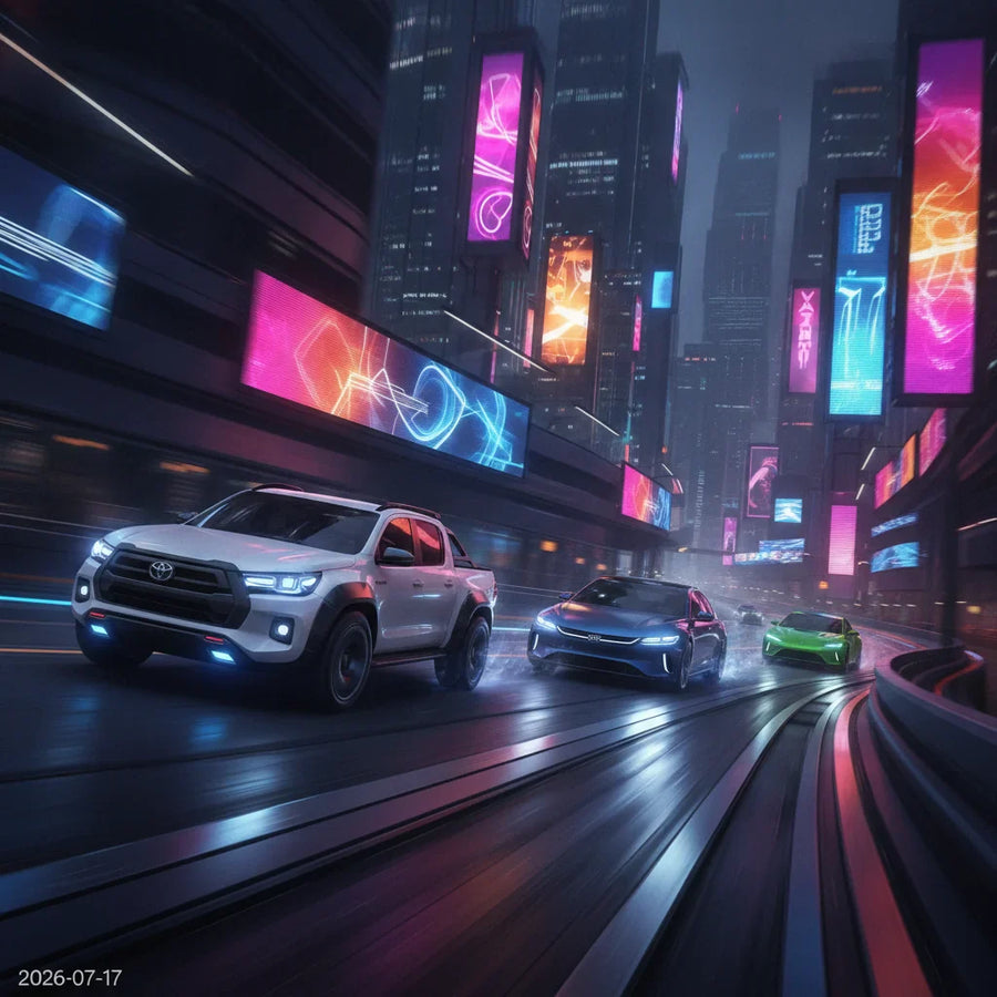 Editorial photo-realistic HERO image for automotive news (2026-07-17). Feature Toyota and BYD vehicles specifically HiLux BEV. Scene: A dynamic race s