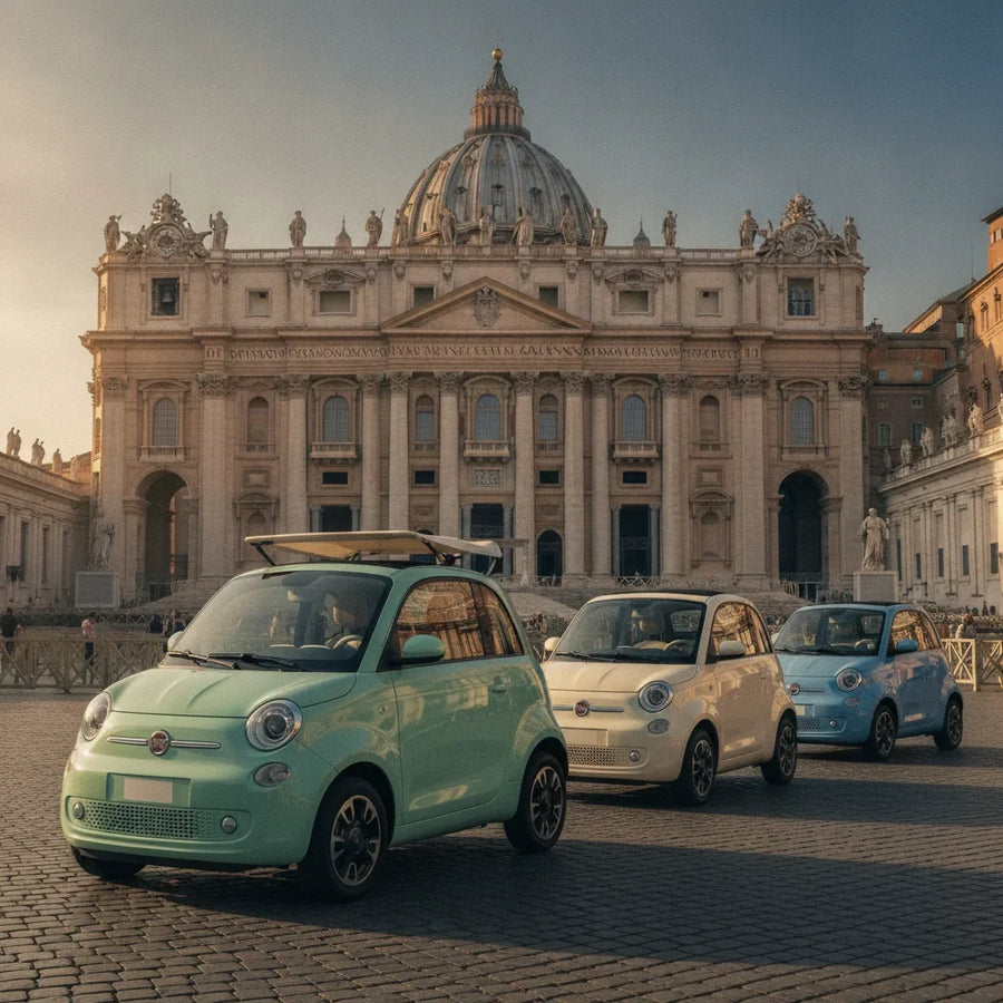 Editorial photo-realistic HERO image for automotive news (2026-08-08). Feature Fiat and Vatican City vehicles specifically Fiat Topolino. Scene: The F