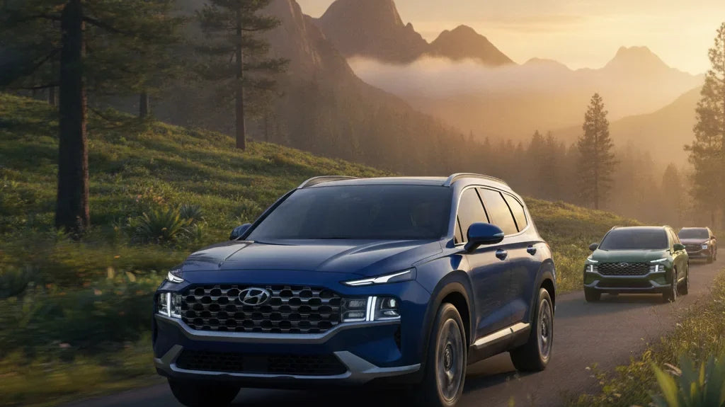 Editorial photo-realistic HERO image for automotive news (2026-08-26). Feature Hyundai vehicles specifically 2027 Hyundai Santa Fe. Scene: The new 202