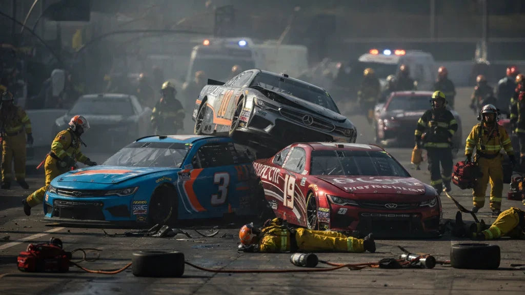 Editorial photo-realistic HERO image for automotive news (2026-09-13). Feature NASCAR vehicles specifically Various race cars involved in the incident
