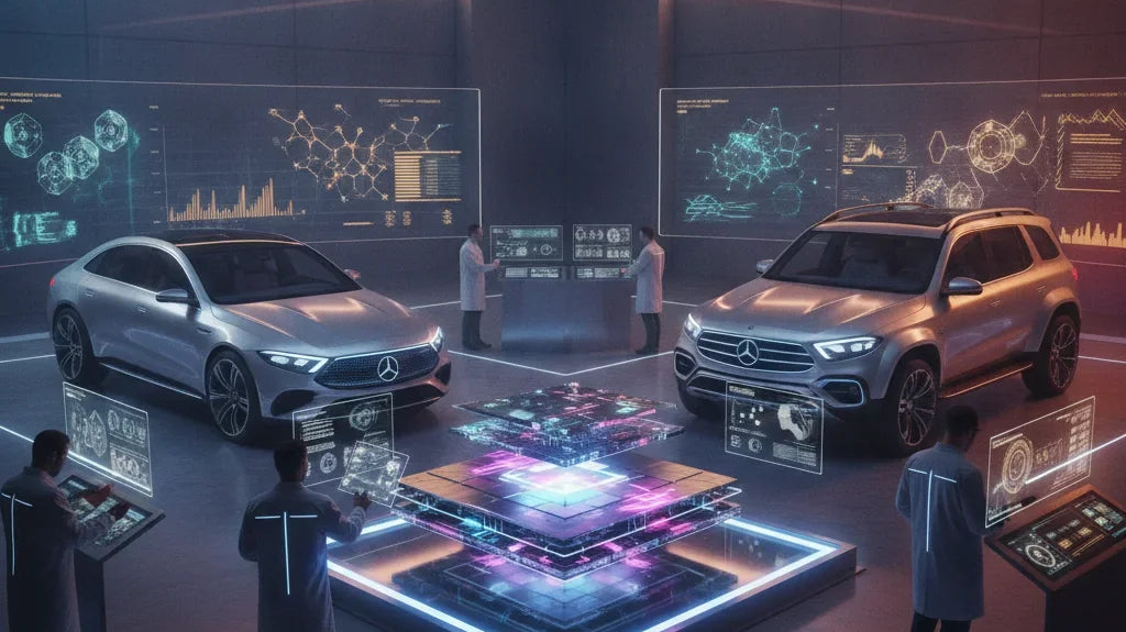 Editorial photo-realistic HERO image for automotive news (2026-09-26). Feature Mercedes vehicles specifically Solid State Battery Prototype. Scene: A