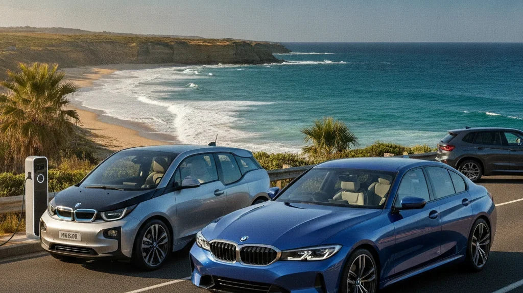 Editorial photo-realistic HERO image for automotive news (2026-09-30). Feature BMW vehicles specifically 2027 BMW 3 Series, 2027 BMW i3. Scene: A slee