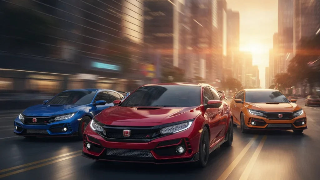 Editorial photo-realistic HERO image for automotive news (2026-10-05). Feature Honda vehicles specifically Civic Type R. Scene: A sleek, facelifted Ho