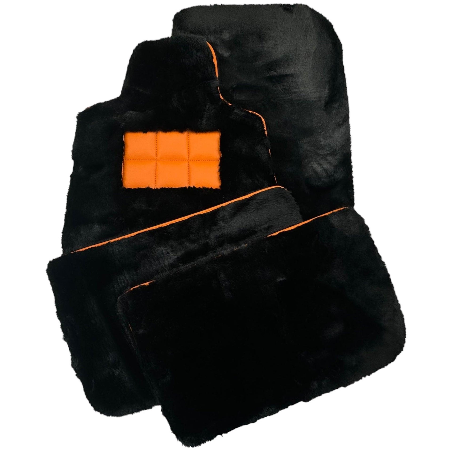 Black Sheepskin Floor Mats for Rolls-Royce Wraith (2013–2023) Orange Leather Trim - AutoWin