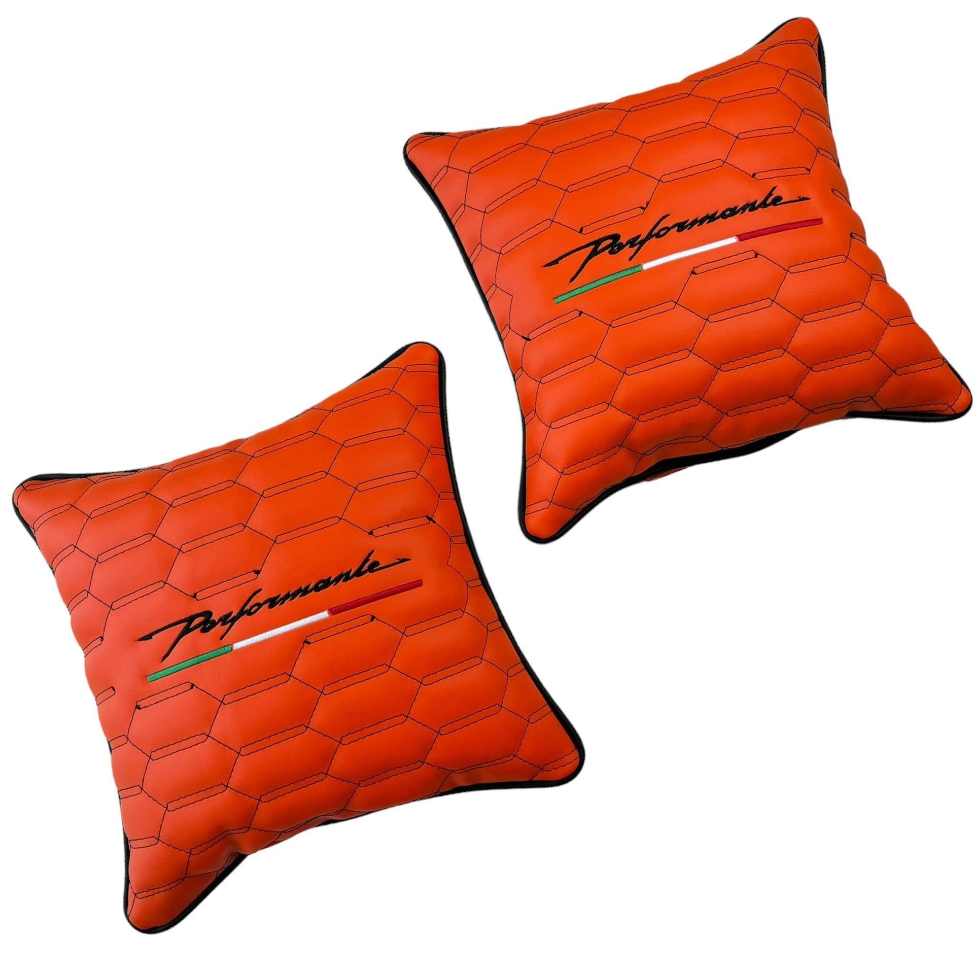 Orange Leather Pillows Performante Set of 2 with Black Sewing - AutoWin
