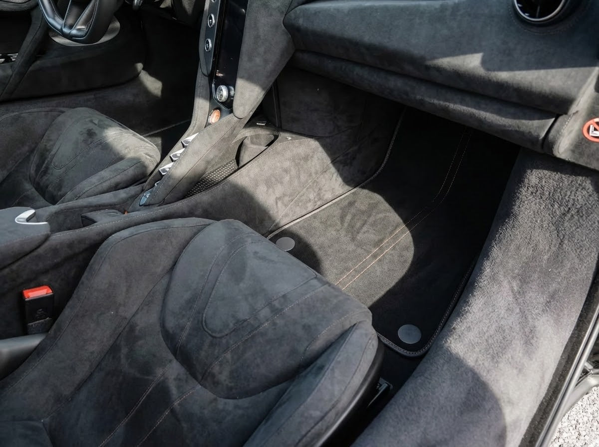 Floor Mats For McLaren 750S (2023-2025) Alcantara Black Tailored Carpets with Orange Sewing - AutoWin