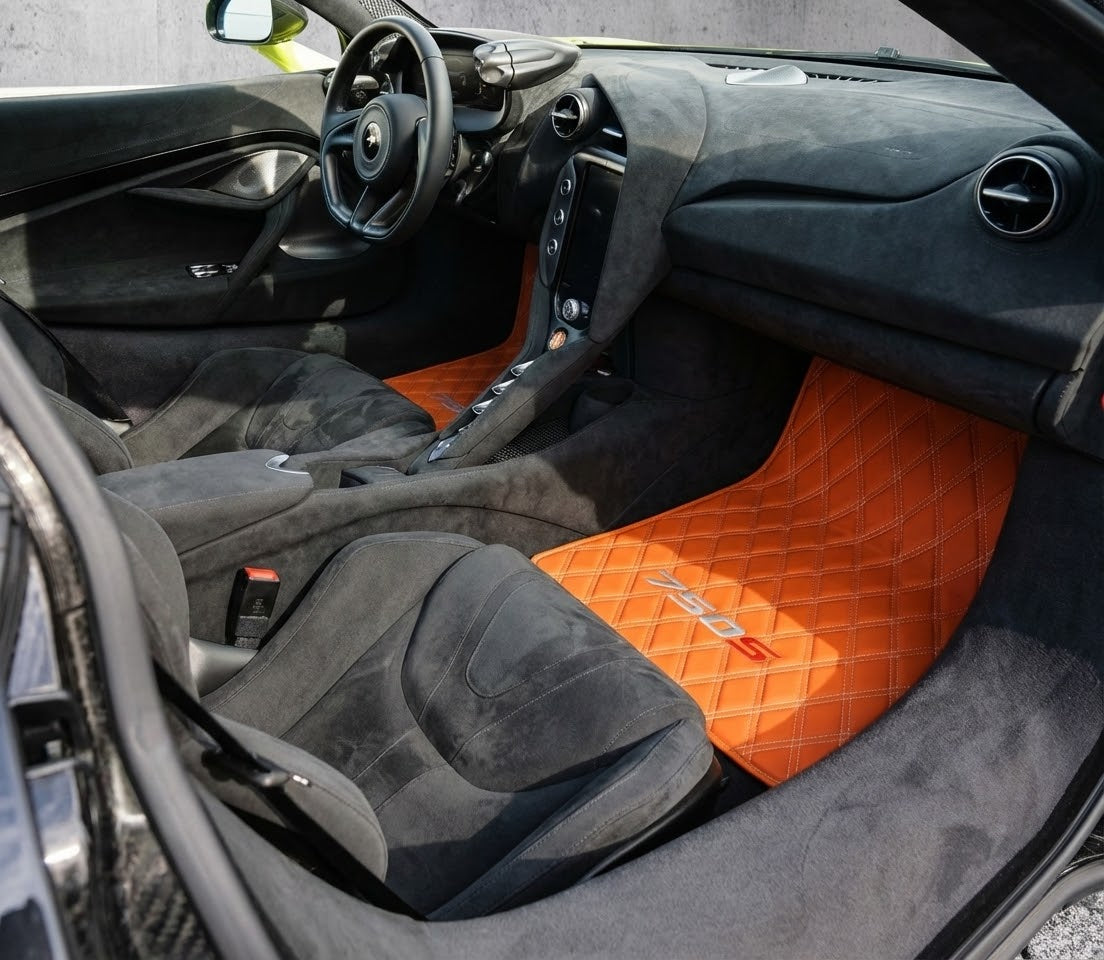 Floor Mats For McLaren 750S (2023-2025) Alcantara Black Tailored Carpets with Orange Sewing - AutoWin