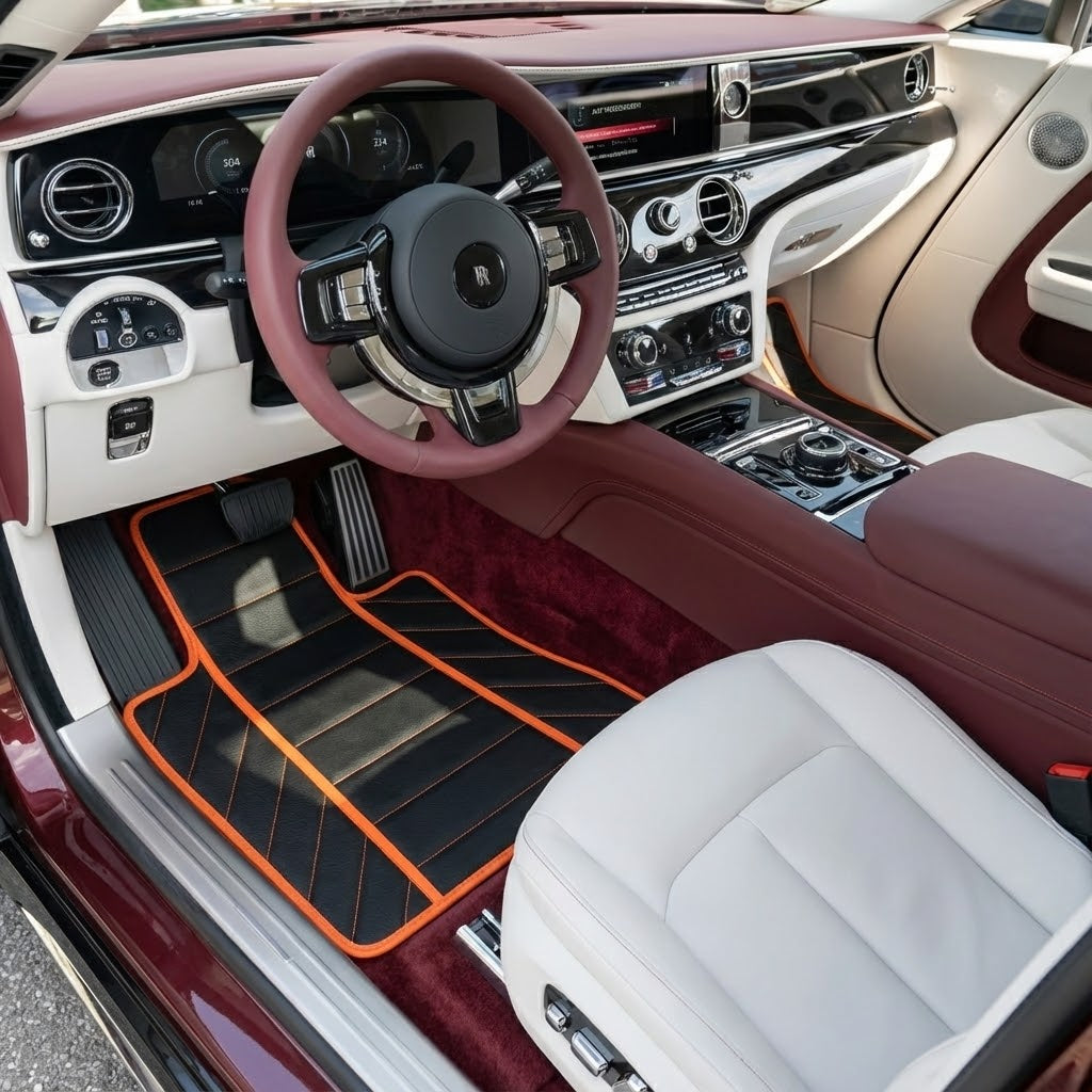 Black Floor Mats for Rolls Royce Spectre (2023-2024) with Gold Leather - AutoWin