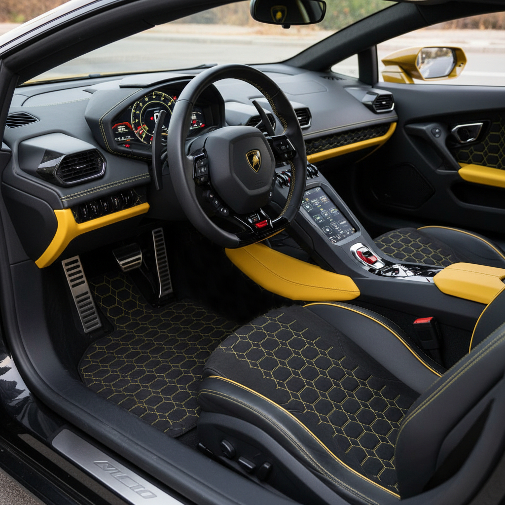 Alfombrillas de coche de cuero personalizables con patrón hexagonal de víbora para Lamborghini Huracan STO (2021-2024) - AutoWin