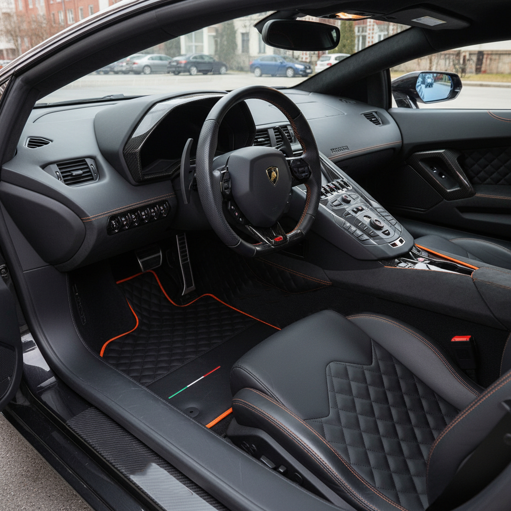 Customizable Black Leather Floor Mats For Lamborghini Aventador with Blue Trim - AutoWin.EU