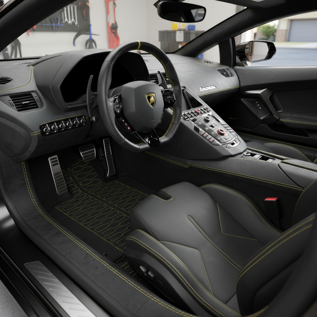 Customizable Black Leather Floor Mats For Lamborghini Aventador with Blue Trim - AutoWin.EU