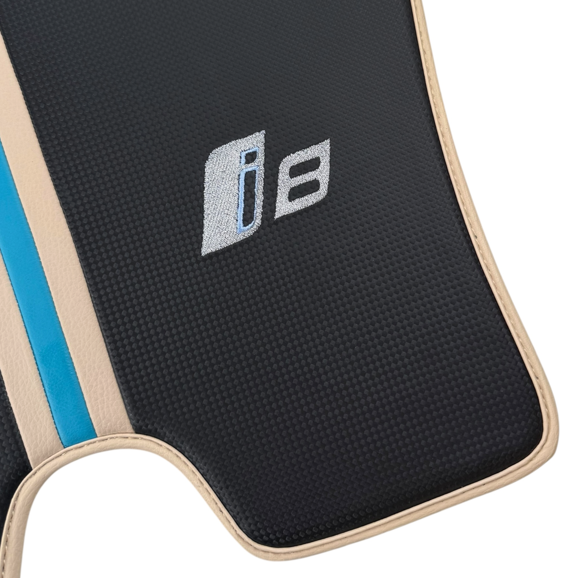 Tapis de voiture en cuir carbone pour BMW i8 Série L12 L15 - Garniture blanche - AutoWin.EU