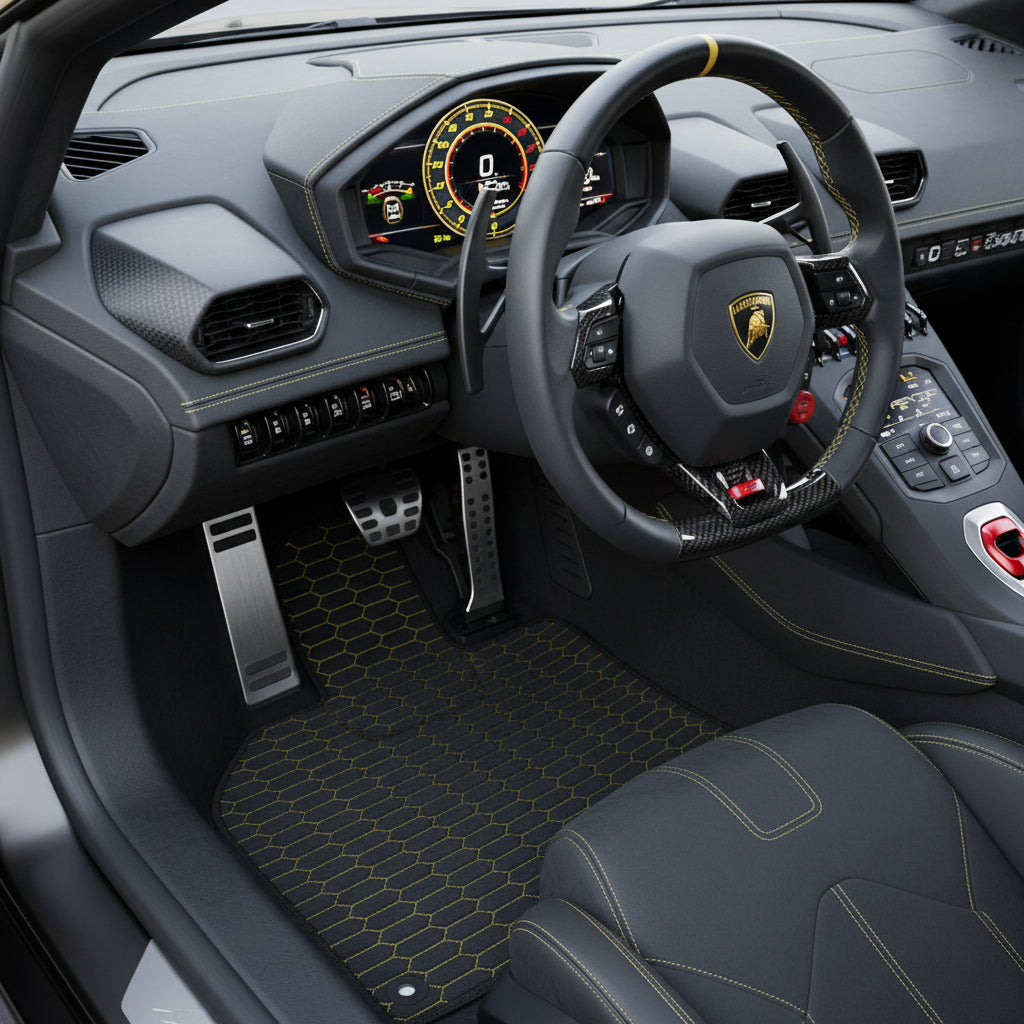 Alfombrillas de coche de cuero personalizables con patrón hexagonal de víbora para Lamborghini Huracan STO (2021-2024) - AutoWin