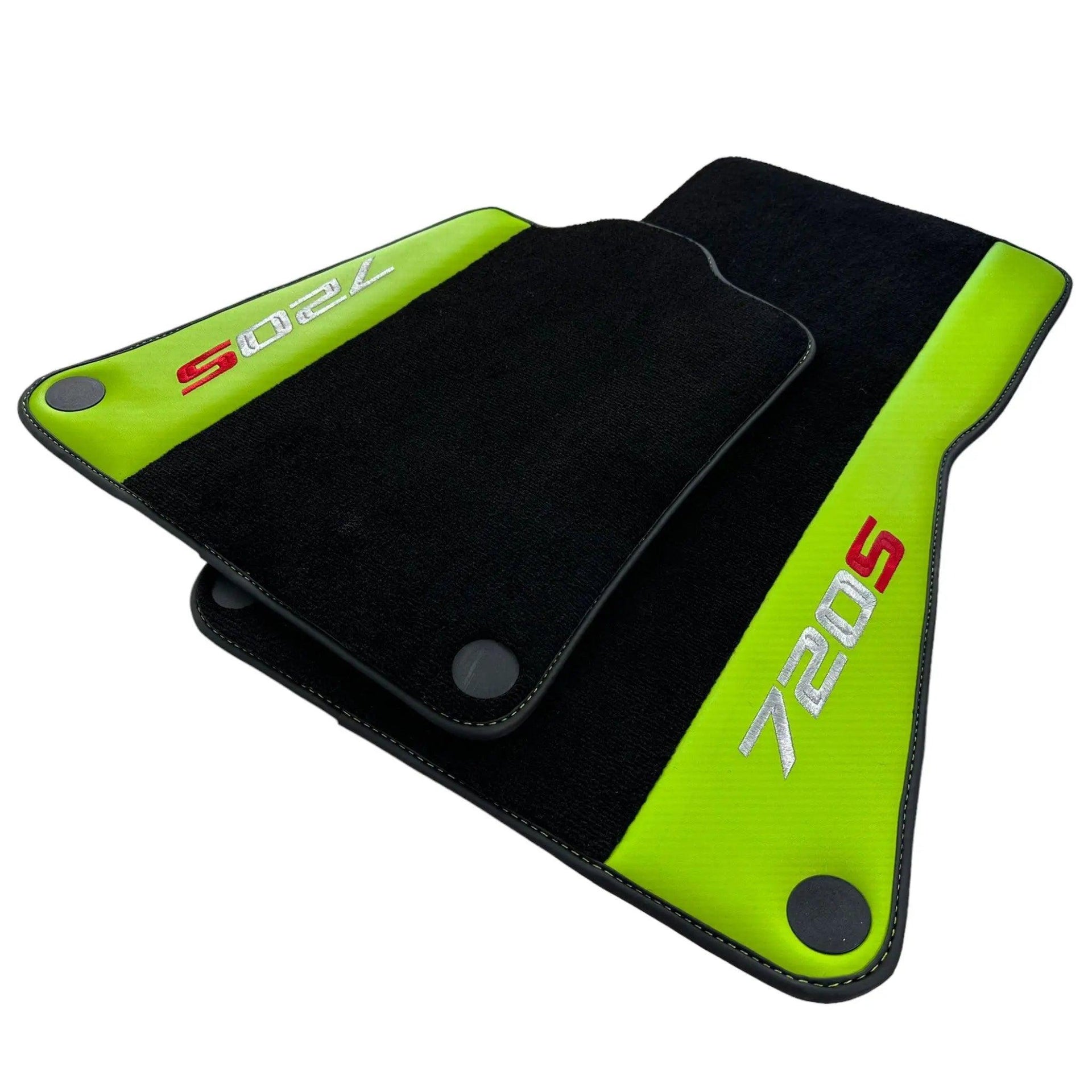 Black Floor Mats For McLaren 720S Year 2017-2021 With Green Leather - AutoWin