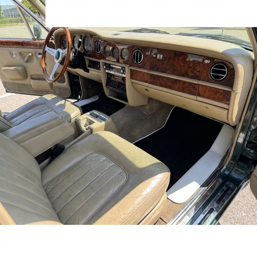 Black Floor Mats for Rolls Royce Wraith (2013-2023) with White Leather | White Trim