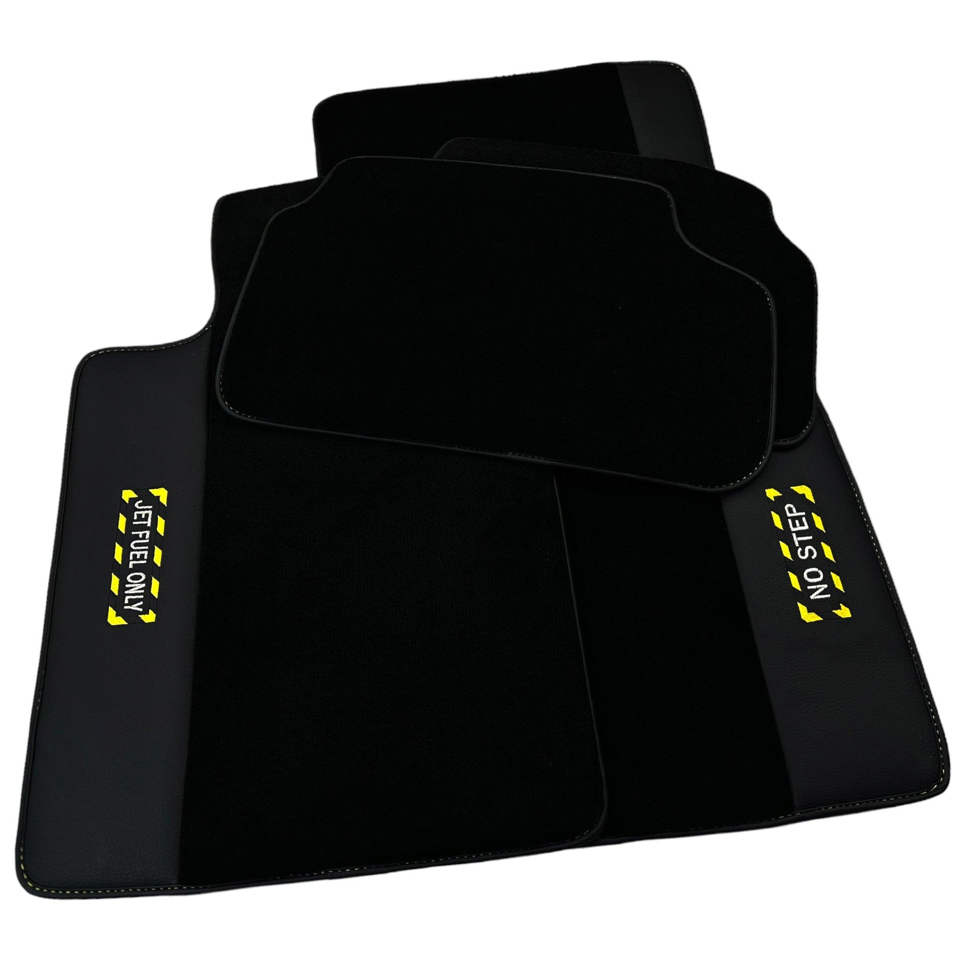 Black Floor Mats with Leather for BMW 1 Series F70 - "Jet Fuel Only" - AutoWin