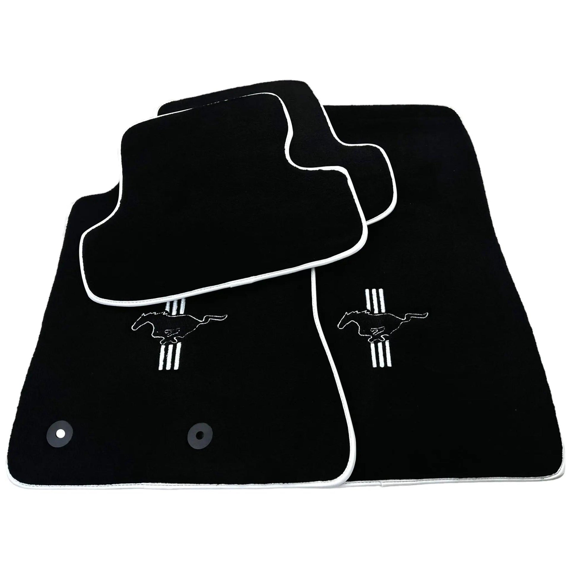 Black Floor Mats with White Trim For Ford Mustang VI (2015-2023) With Pony - AutoWin