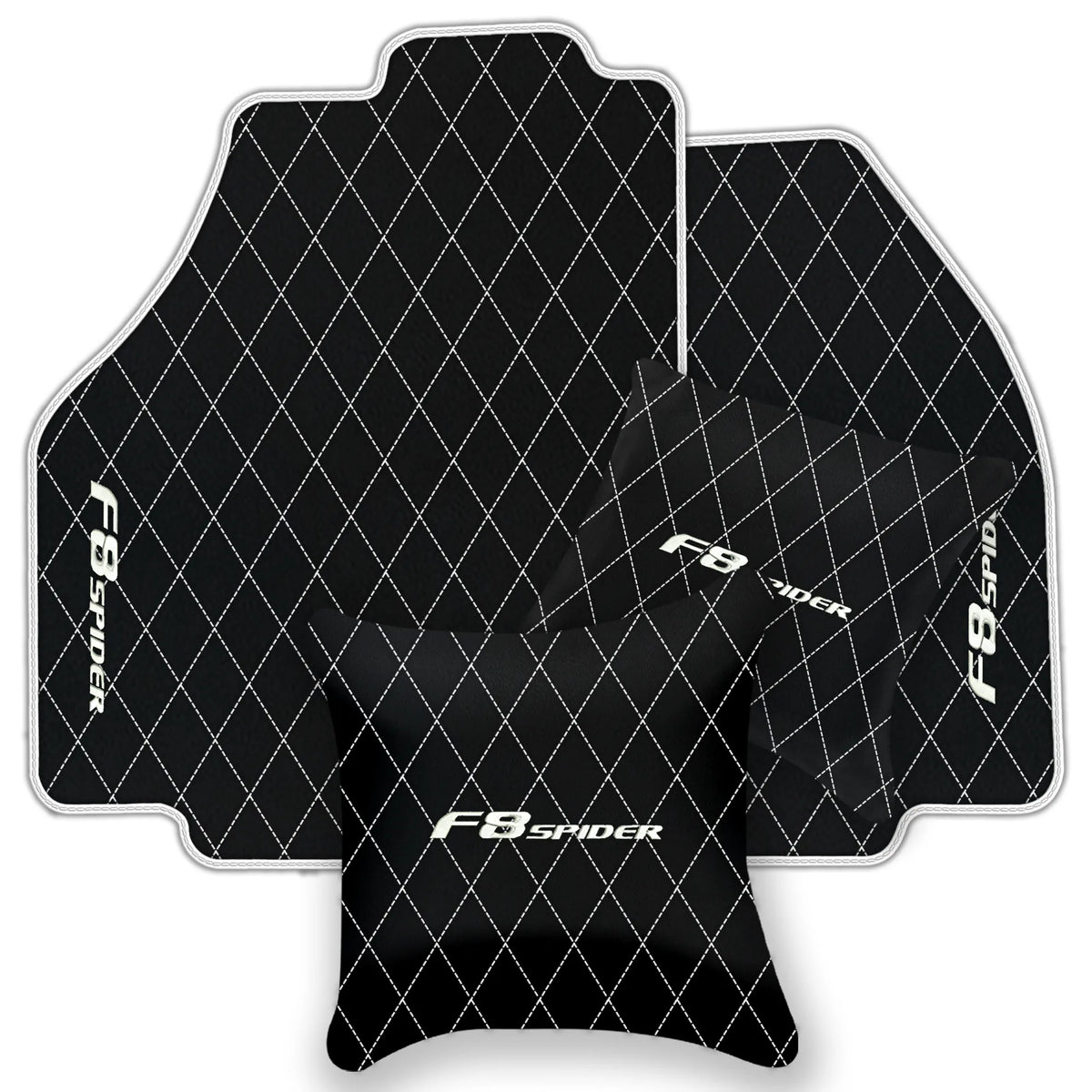 Black Leather Floor Mats for Ferrari F8 Spider (2019-2023) with Single Diamond Pattern | Full Set Option