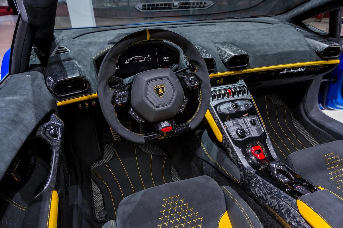 Customizable Leather Floor Mats with AW38 Pattern for Lamborghini Huracan Performante (2017-2019) inside the vehicle
